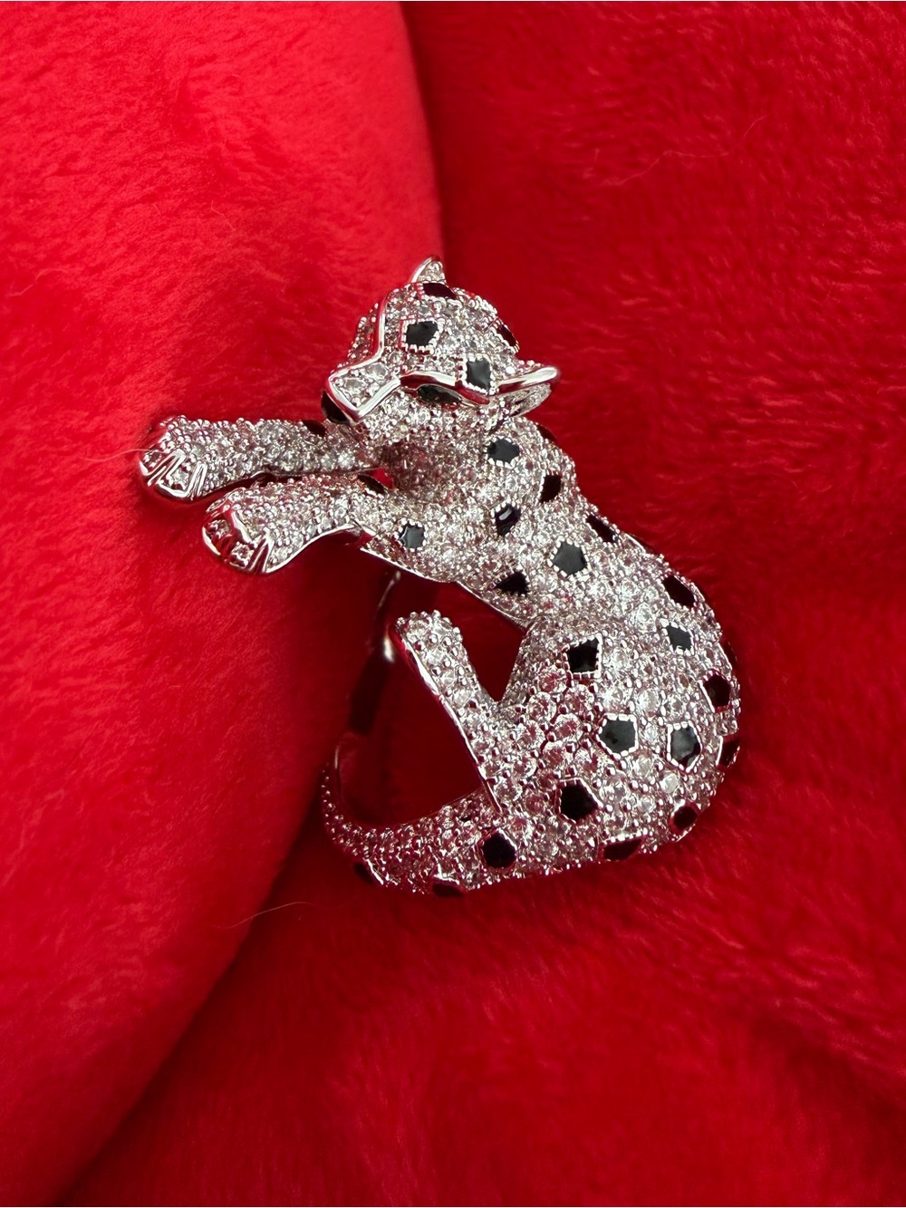 Crystal Panther Cat Ring with Black Onyx and Emerald Green Eyes 925 Silver